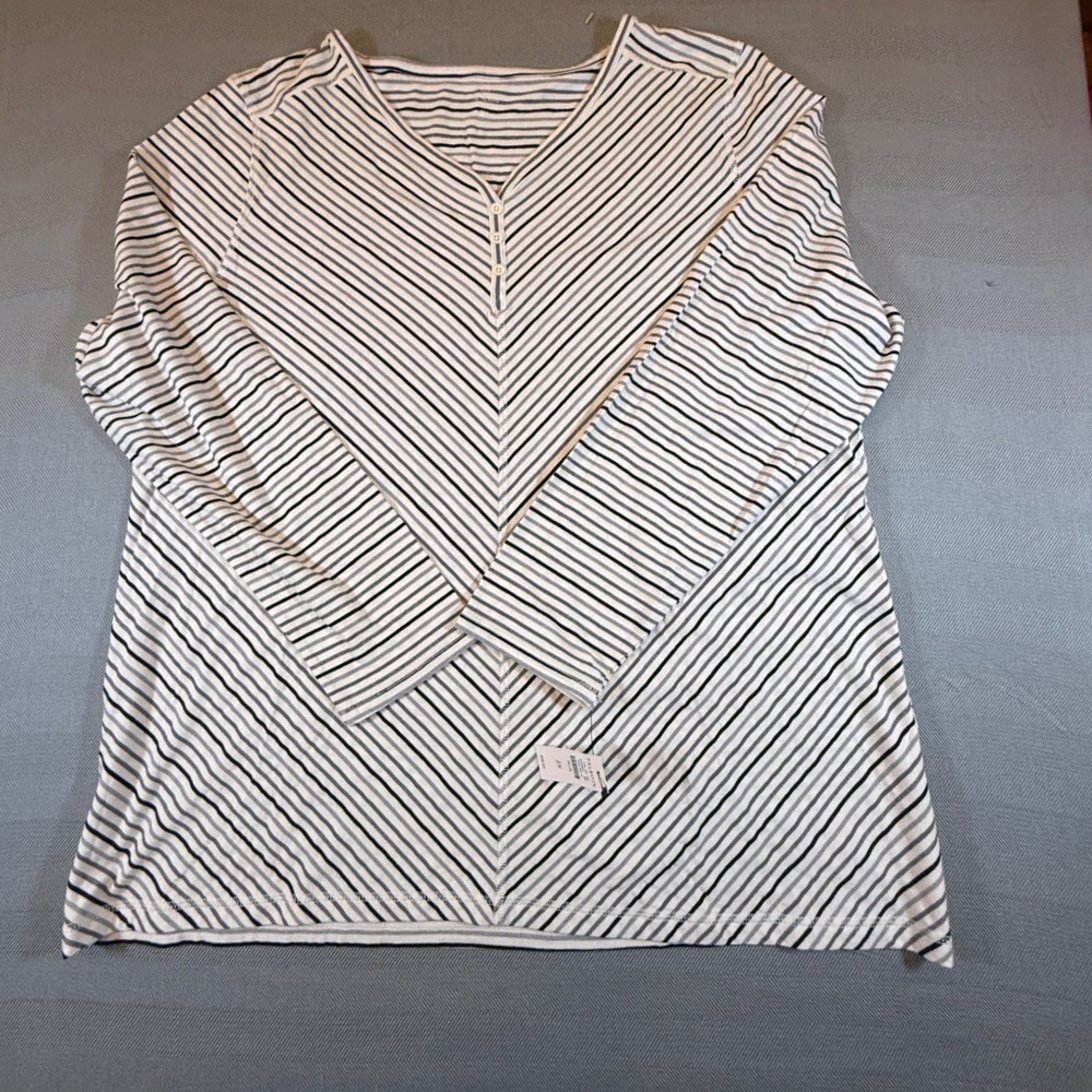 T by Talbots Women 2X Striped Henley Long Sleeve V-Neck Top NWT Black White 2445